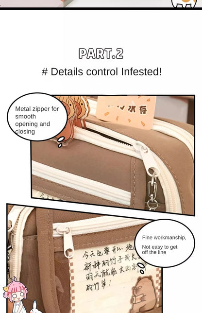 Große Kapazität Bleistift Tasche Capybara Cartoon Leinwand Schreibwaren Halter Tasche Mit Broschen Aufkleber Clips Schlüsselanhänger Kinder Stift Fall.