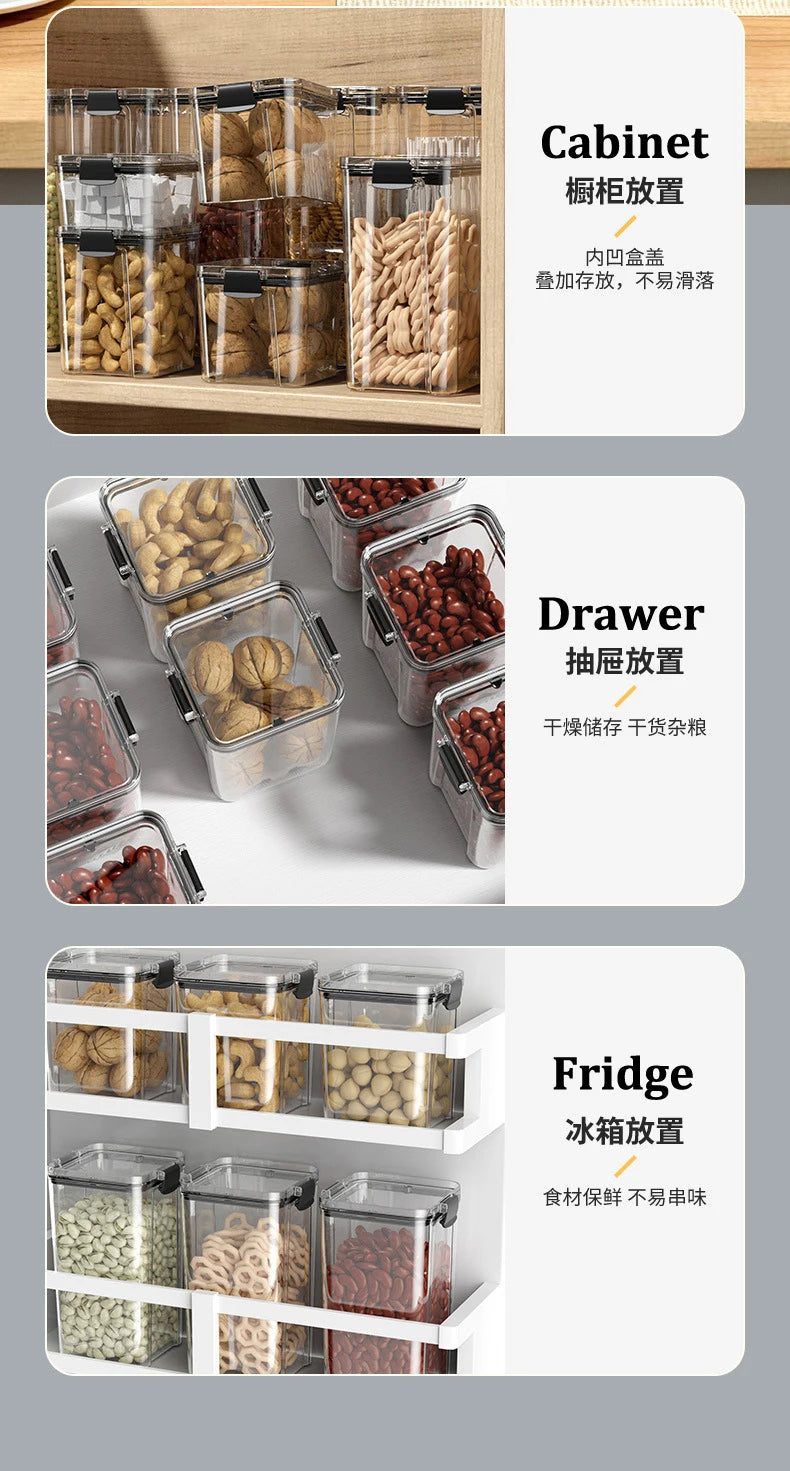 Food Box Storage Container With Airtight Lid Condiment Organizer Plastic Dispenser Jar Hermetic Kitchen Cereal Snack Spaghetti.
