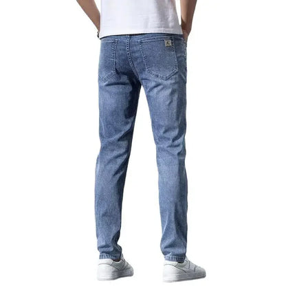 Hong Kong Summer Thin Men's Blue Jeans Slims Smooths Your Silhouette Feet Stretchy Korean Style Light Color Versatile Pants.