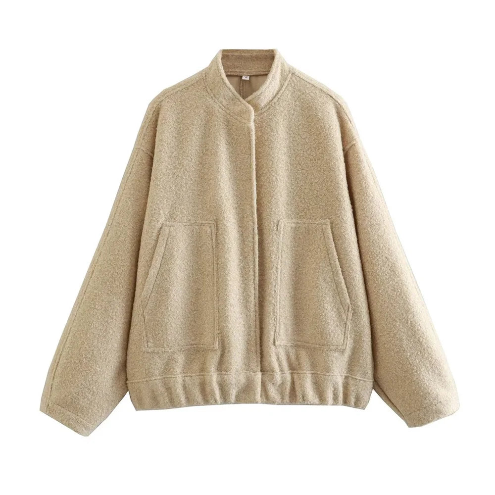 TRZA Frauen Mode Mit Taschen Übergroßen Bomber Jacke Mantel Vintage Langarm Druckknopf Weibliche Oberbekleidung Chic Tops.