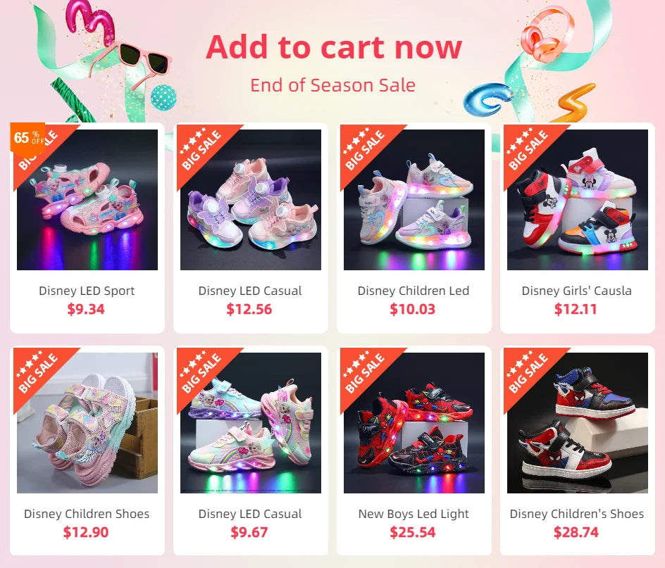 Disney LED Casual Sneakers For Spring Girls Frozen Elsa Princess Print Pu Leather Shoes Children Lighted Non-slip Pink Purple.