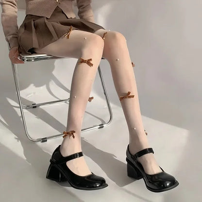 Sweet Pure Desire Butterfly Knot Stockings Pearl Pantyhose Women's Ultra Thin Any Cut Anti Snag Long Tube Socks