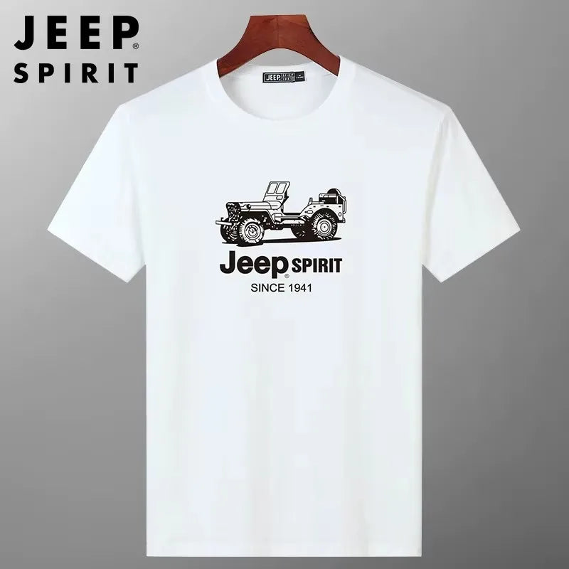 JEEP SPIRIT Mens T-shirt Summer 100%Cotton 230g Heavy Print Sports Breathable Round Neck Top Loose Solid Short Sleeve