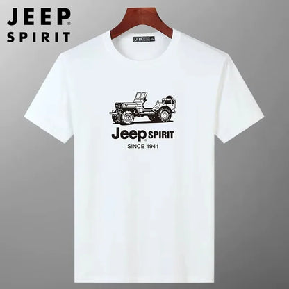 JEEP SPIRIT Mens T-shirt Summer 100%Cotton 230g Heavy Print Sports Breathable Round Neck Top Loose Solid Short Sleeve