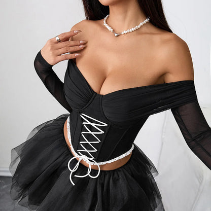 One-shoulder Crop Top for Sexy Women Long Sleeve Autumn Corset Button Vest Slim Fitted T-shirt Camisole Party Fishbone Tank Top.