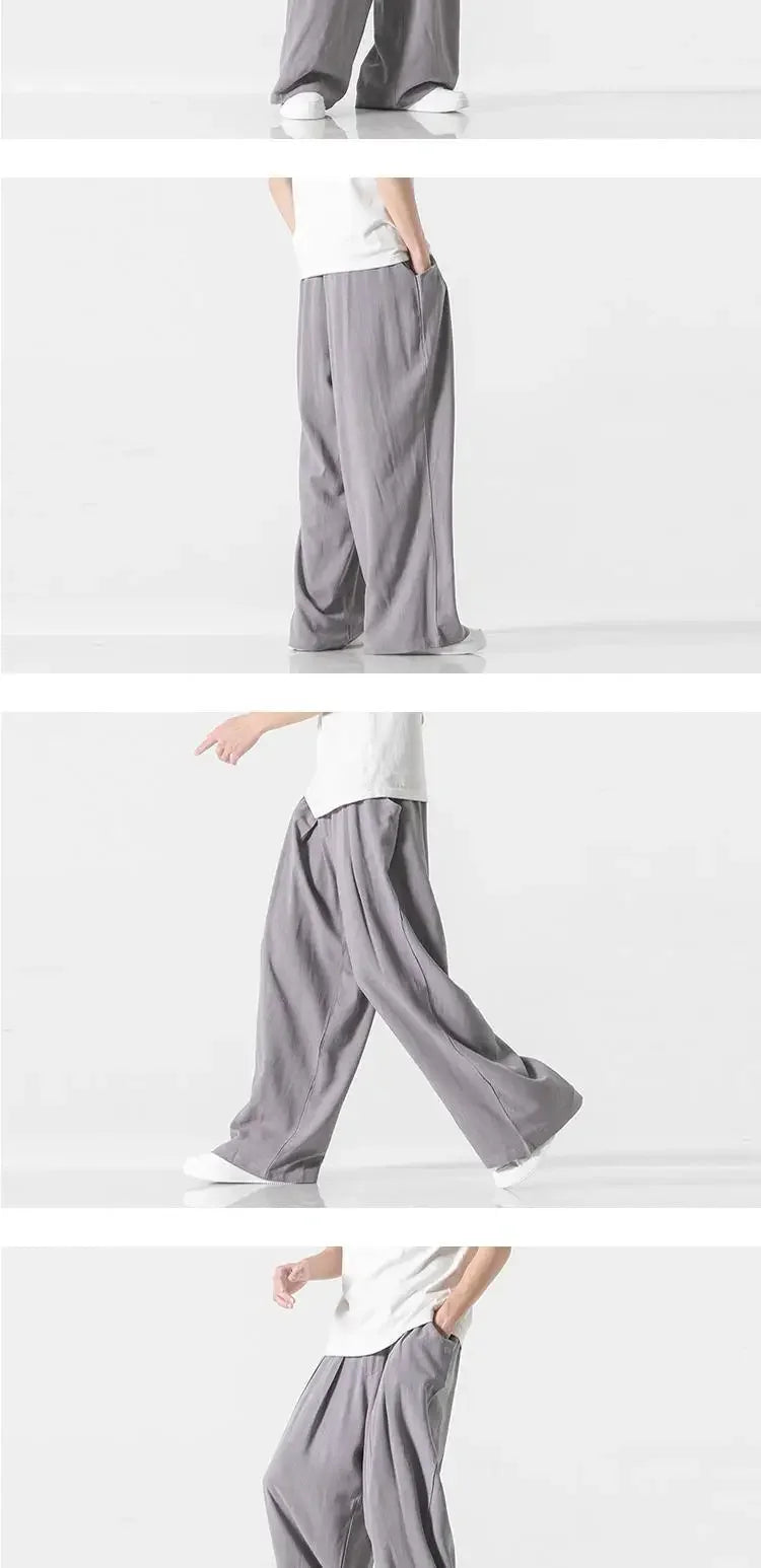 Hanfu Spirit Draped Linen Pants For Men Straight-leg Casual Trousers Chinese Style Loose-fit Ancient Wide-leg Song Trousers.