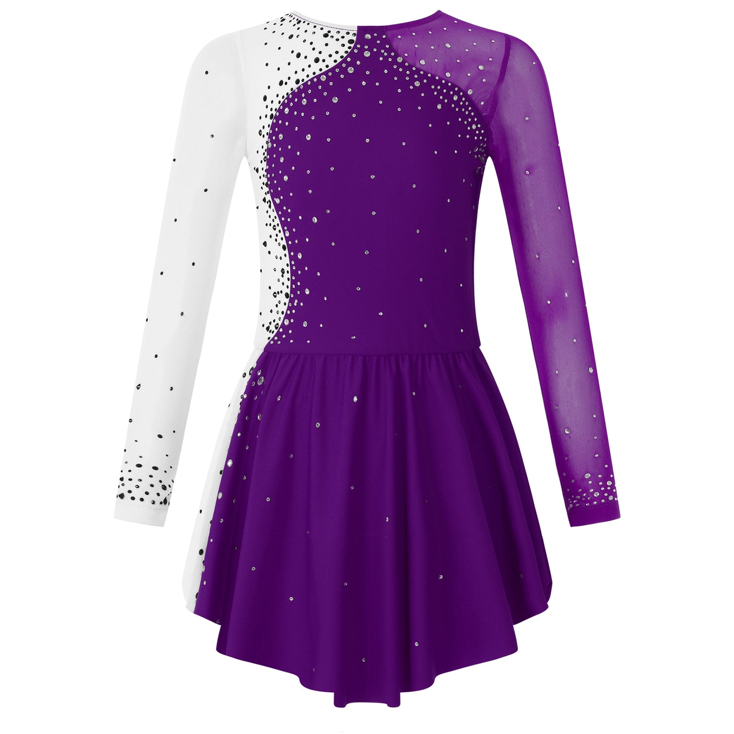 6-16Y Mädchen Eiskunstlauf Tanz Kleid Ballett Gymnastik Trikot Langarm Shiny Strass Sheer Mesh Leistung Dancewear