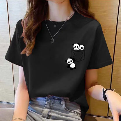 Women Short Sleeve Top Summer New Pocket Panda Cartoon Printed T-shirt Korean Fashion Women Tops Loose Round Neck T Shirt Women.