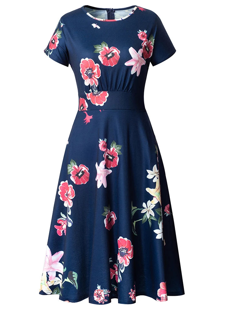 Nice-forever Vintage Elegante Blumen Druck Plissee Rundhals vestidos A-Line Pinup Business Party Frauen Flare Swing Kleid A102