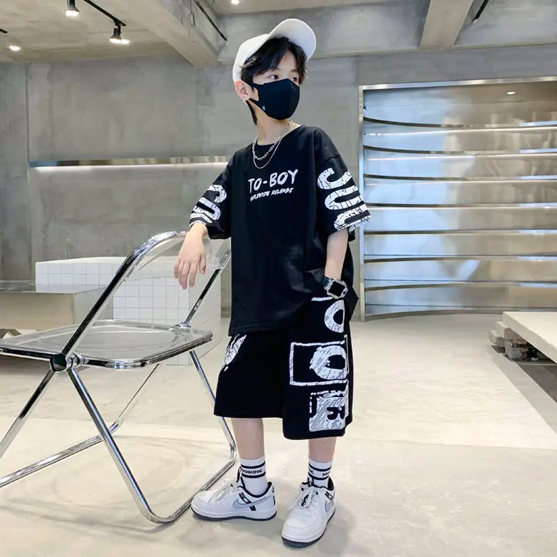 Boys Summer Trendy Casual Sports 2pcs T-shirts+Pants Suits 3-14 Years Teenage Boys Hip Hop Style Fashion Outfits Clothes Sets.