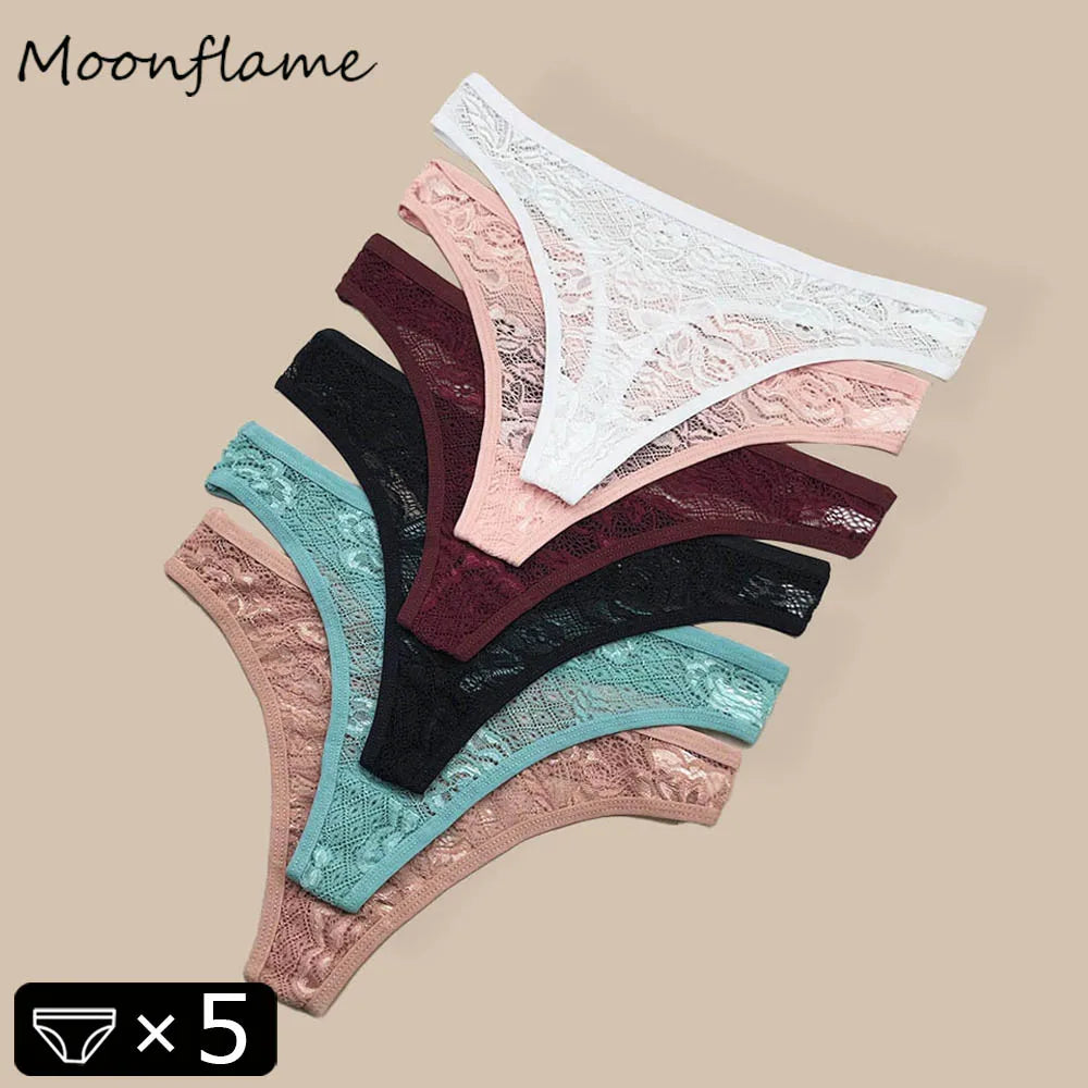 Moonflame 5Pcs Lace Cotton Thongs Underwear Lingerie For Women T-back Ladies Transparent G-string Girls Panties.