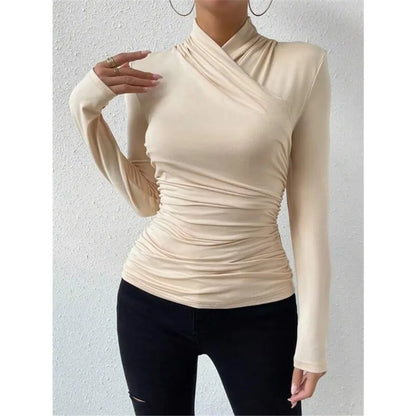 Women's Clothing Autumn Winter Tshirts New Design Cross Neckline Versatile Pleated T-shirt Comfortable Fashion Slim Fit Sexy Top.