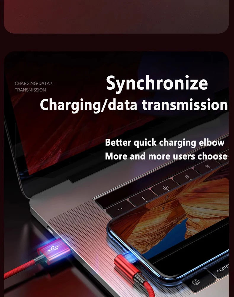 For Gaming Elbow Fast Charger Cable for iPhone 14 8 7 6S Plus 13 12 mini 11 Pro XS Max XR X 90 Degree Braided USB Charging Cable.