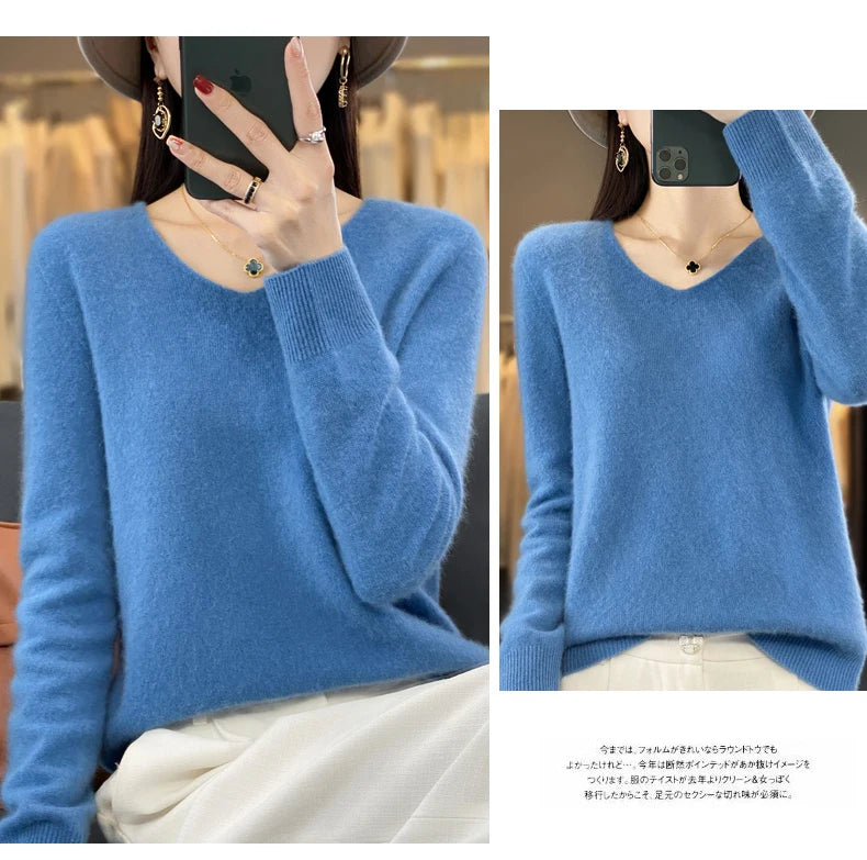 2024 100% Merino Reine Wolle V-ausschnitt Herbst Und Winter Pullover Pullover Neue Kaschmir Pullover frauen Beiläufige Gestrickte Top DMR201