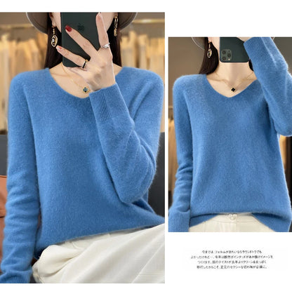 2024 100% Merino Reine Wolle V-ausschnitt Herbst Und Winter Pullover Pullover Neue Kaschmir Pullover frauen Beiläufige Gestrickte Top DMR201