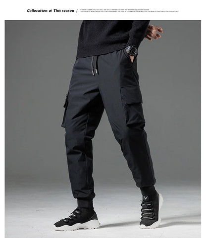 Winter Down Pants Men's Casual Waterproof Zipper Pocket Thick 90% Duck Down Cargo Pants Male Jogger Outdoor Warm Sports Pants.