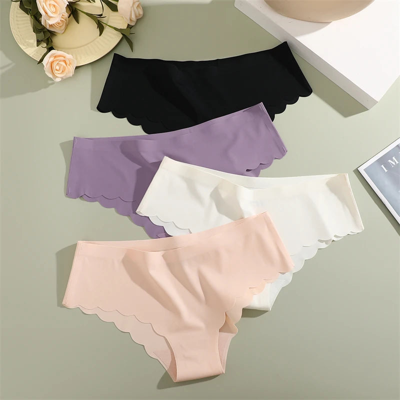 5PCS/Set Seamless Ruffle Waist Underwear for Women Sexy Ice Silk Breathable Panties Female Low Rise Stretchy Briefs Lingeries.