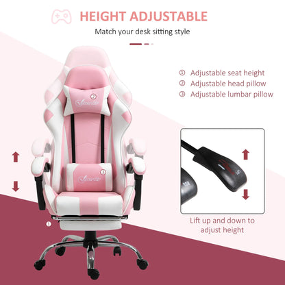 Gaming-Stuhl, Computerstuhl, ergonomischer Bürostuhl mit Kopfstütze, Lendenpolster, höhenverstellbar, 360° °   Rotation rosa + weiß
