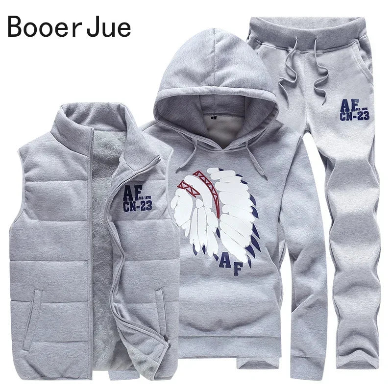 3 Pieces Set Hoodies+Vest+Pants Casual Men's Track Suit Clothing Coats Winter Thick Warm Tracksuit for Men Printed Mens Set Vest