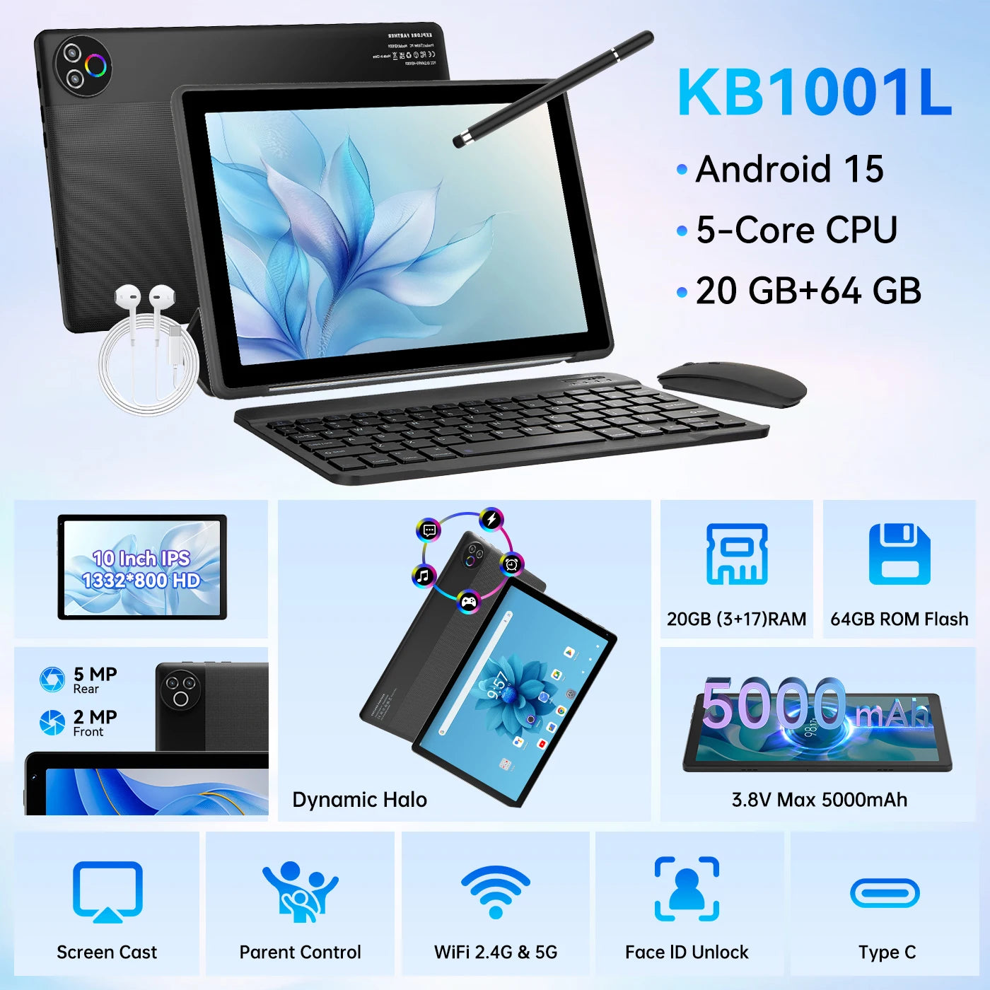 URAO Android 15 Tablet 10.1 Inch 20(3+17)GB RAM 64GB ROM 5-core Dual Camera Tablets PC Set Keyboard/Case/Mouse/Stylus/Headphone.