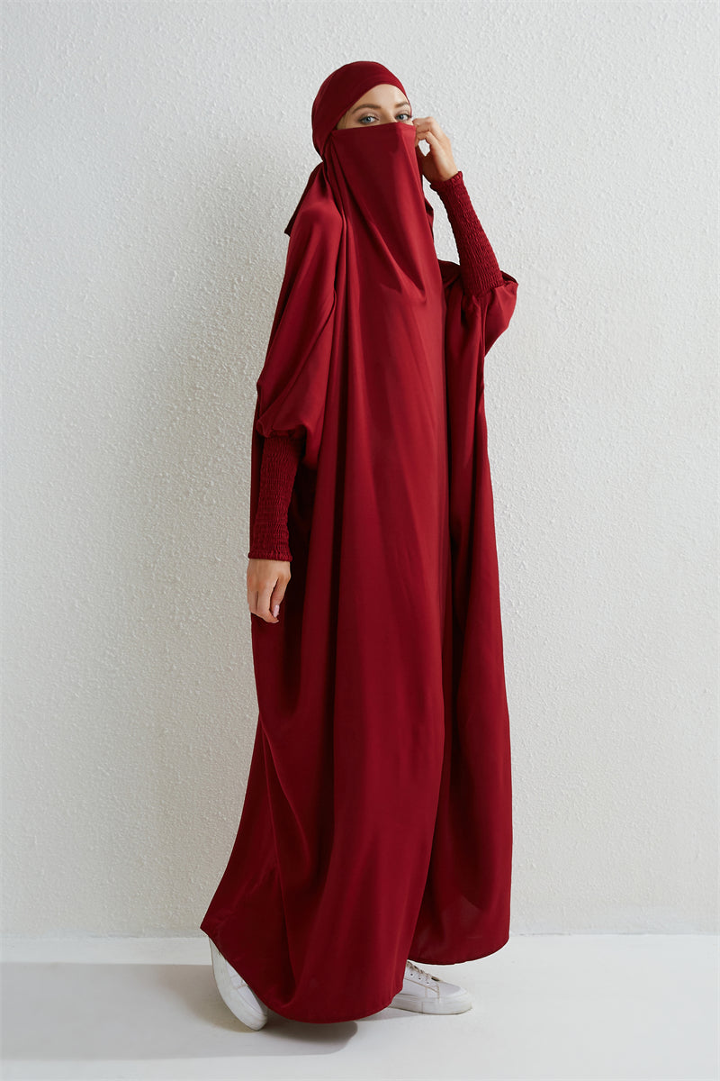 Muslimische Abaya mit Kapuze, Smockärmel, einteiliges Gebetskleid, Damen, Jilbab, islamische Kleidung, Dubai, Saudi-Arabien, schwarze Robe, türkische Bescheidenheit.