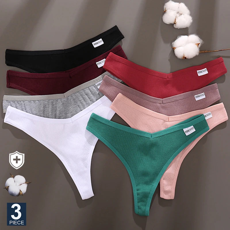 FINETOO 3PCS/Set G-string Panties Cotton Women's Underwear Sexy Panty Female Underpants Thong Solid Color Lingerie T-Back Design.