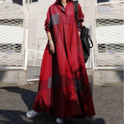 Spring Fashion Cotton Linen Dress Retro Ethnic Style Clothing Printed Loose Long Sleeve Large Swing Dress.