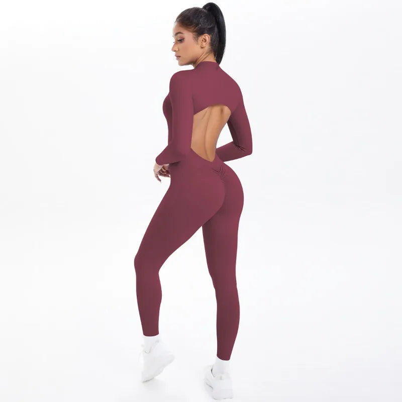 Women's Long Yoga Bodysuit with Half-Zip Sexy Back & Butt Lift for Fitness Running Outdoor Sportswear.