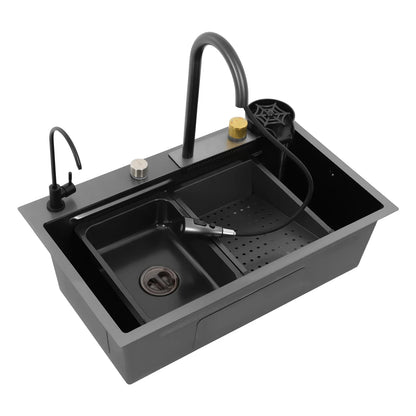 Single Bowl Kitchen Sink Waterfall Bar Sink Stainless Steel Sink with Tap Silver Rectangular