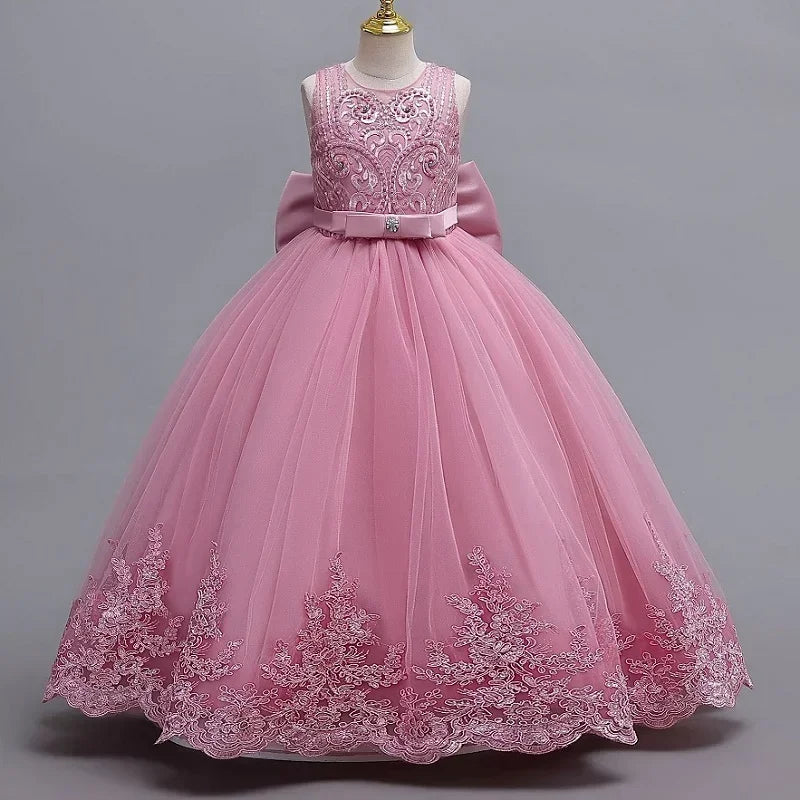 Gesticktes Mesh-Hochzeitskleid, Blumenmädchen-Performance-Mädchenkleid, 4–12 Jahre altes Mädchen-Prinzessinnenkleid mit großer Schleife.