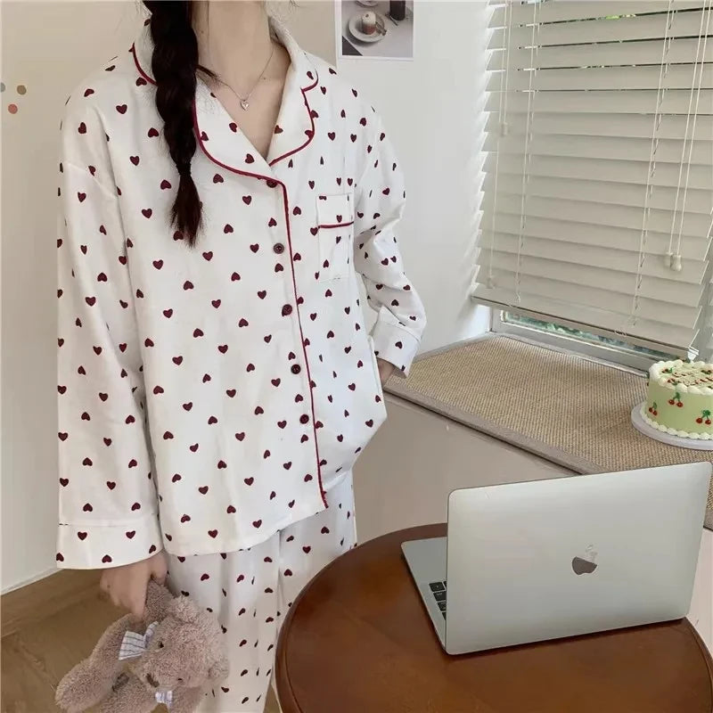 M-XXL Large Size Nightwear Women Sleepwear Autumn and Winter Cardigan Home Wear Peach Heart Long Sleeves School Silk Pajamas.
