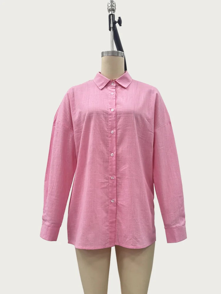 2025 Women's Oversize Shirt Long-sleeved Button Cardigan Pink Lapel Simple Korean Version White Top Blue Blouses for Female.