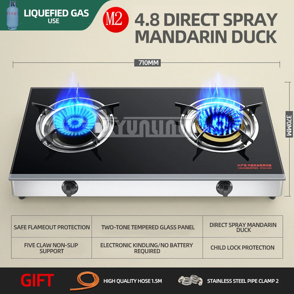 Household Desktop Natural Gas Liquefied Gas Timing Stove Double-Hole Fierce Fire Kitchen Cooker Tool.
