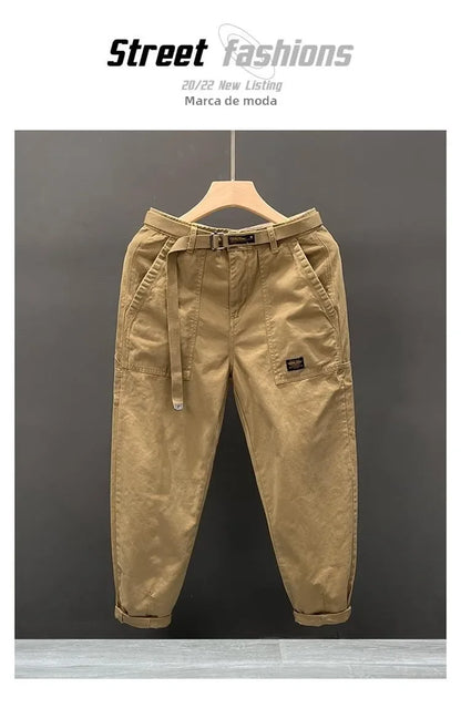 Autumn Summer Wide Leg Cotton Work Trousers Men's Cone Straight Loose Wear Resistant Pocket Pants Retro Wash Casual Workwear.