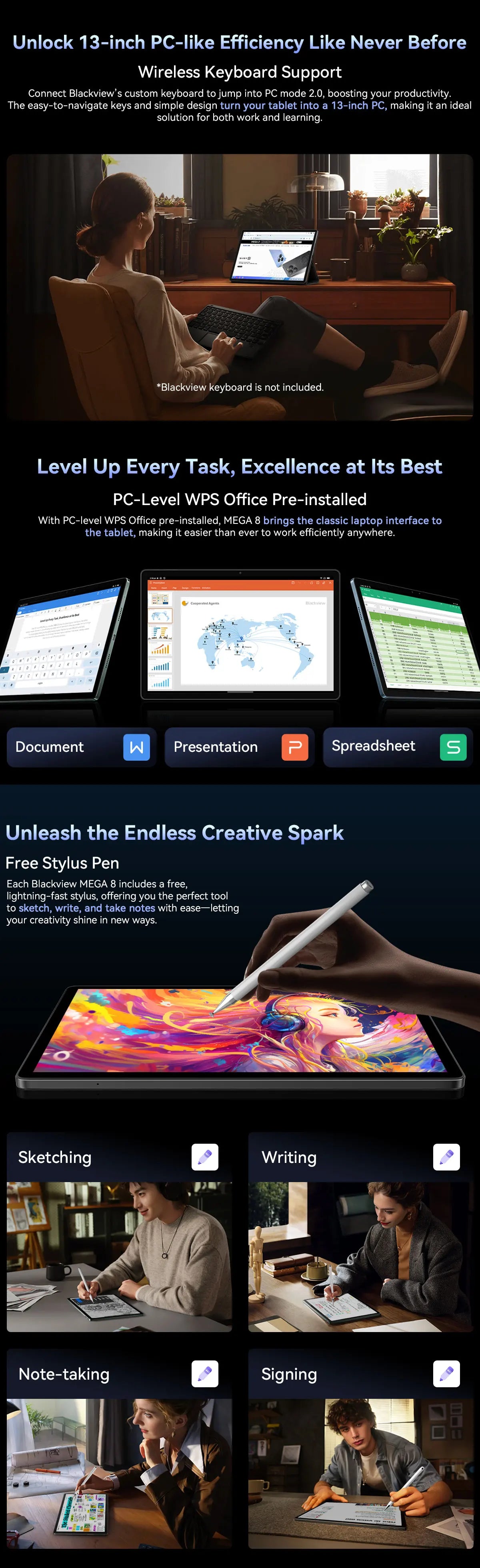 Blackview MEGA 8 Tablet 13‘’ 2K FHD Display, Octa Core T620 Android 15, 12GB RAM, 512GB ROM, 50MP + 13MP Camera, 11000 mAh