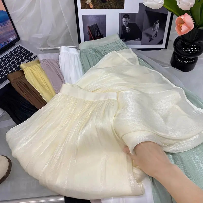 2025 Spring/Summer New Luster  A-line Women Skirt Solid Color High Waist French Paris Style Elegant Asymmetrical Skirt.