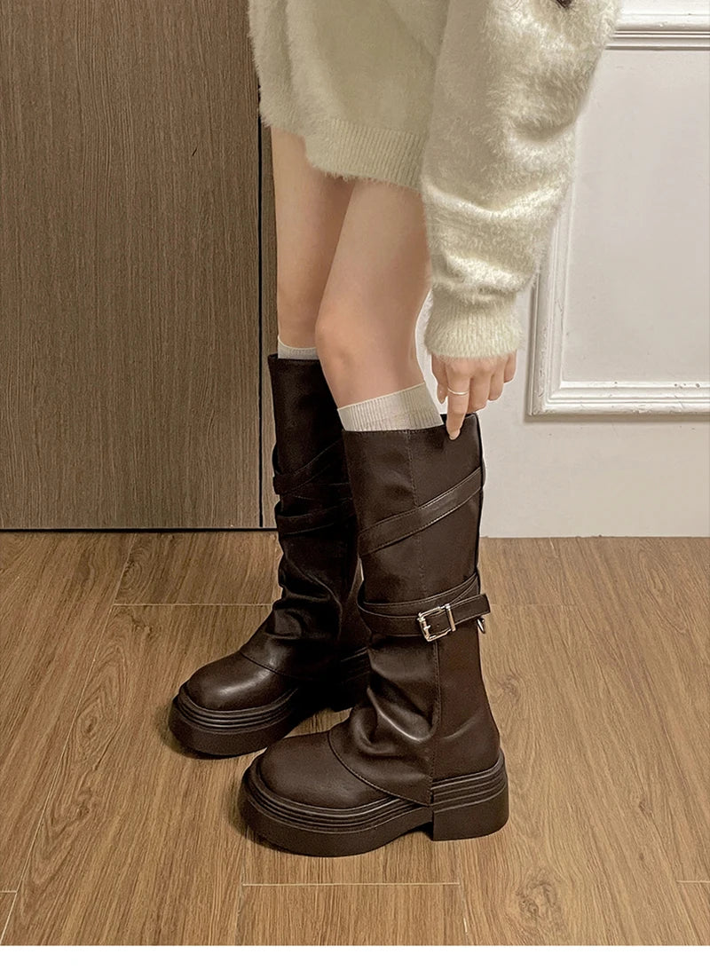 Vintage Thick Heel Women Knight Long Boots Fashion Slip On Knee High Booties Autumn Winter Shoes Zapatos De Mujer.