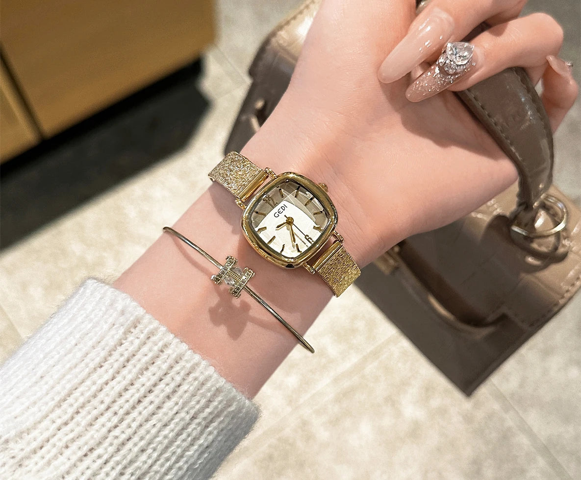 GEDI Golden Watch Light Luxury Quartz Stainless Steel Watch Casual Fashion Dress Temperament Waterproof Women's Wristwatches