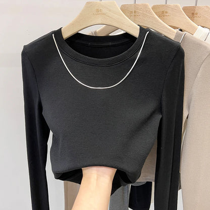 Women Trendy Chain Link Autumn Fashion Slim Fit Cropped T-shirts 2025 Long Sleeve T-shirt Solid Simple Base Layer Crop Tops