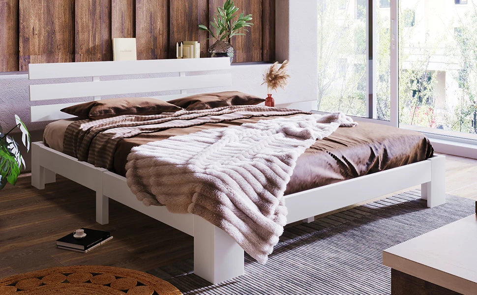 Doppelbett aus N616-Holz mit Kopfteil aus Bettrahmen, mit Flachnudelrahmen 200 x 140 cm, Massivholz-FSC-Doppelbett aus massivem FSC