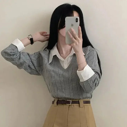 Mode Winter Gestrickte Pullover Frauen Casual V-ausschnitt Pullover Alle-spiel Weibliche Kleidung Lose Gefälschte Zwei Artikel Kurze Tops Jumper.