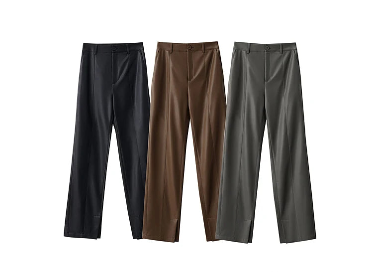 AMII Minimalist Casual Pants for Women 2025 Autumn Clothing PU Leather Loose Straight Pants Slit Office Lady Trousers 12343250.