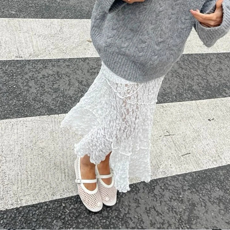 Maemukilabe Vintage Lace Midi Skirt Floral Sheer See-Through Irregular Hem A-line Skirt Fairy Streetwear Chic Women Long Skirt.