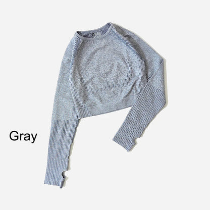 Women Seamless Long Sleeve Crop Top Yoga Shirts with Thumb Hole Running Fitness Workout Gym Sports Top Shirts Sportswear