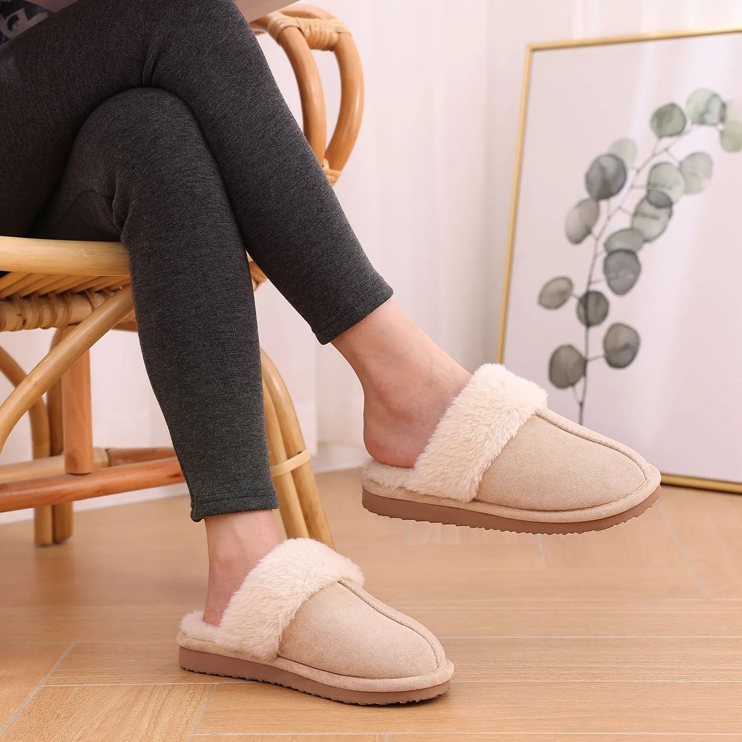 Evshine Women Plush Cotton Slippers Winter Indoor Warm Soft House Slipper Comfort Memory Foam Slides Outdoor Fur Fuzzy Flat Shoe