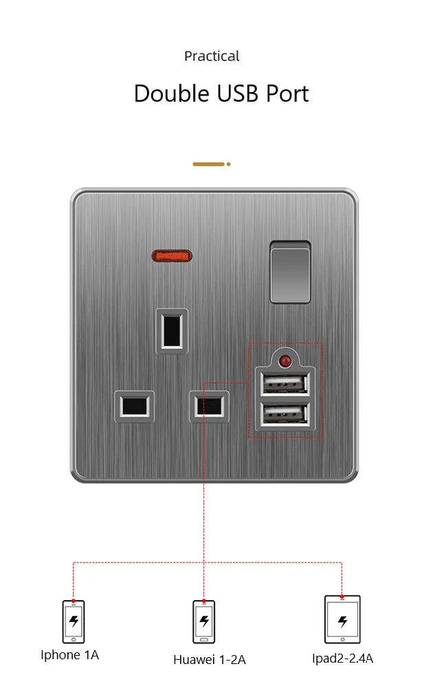 Große Neigungssteckdose im nordischen Stil, grau, 13 A, elektrische Schaltersteckdose nach britischem Standard, universelle Wand-Doppelsteckdose mit USB-Anschluss 2,1 A.
