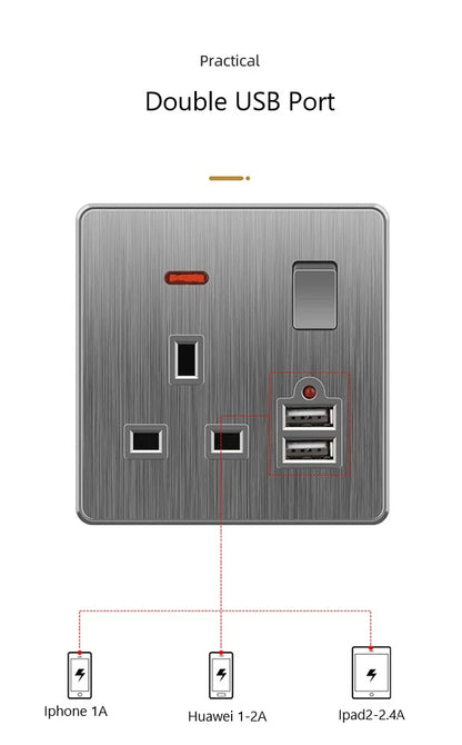 Große Neigungssteckdose im nordischen Stil, grau, 13 A, elektrische Schaltersteckdose nach britischem Standard, universelle Wand-Doppelsteckdose mit USB-Anschluss 2,1 A.
