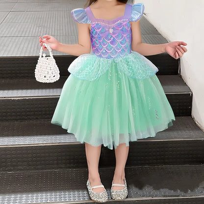Mädchen Prinzessin Kleider Meerjungfrau Motto Party Sling Mesh Rock Pailletten Leistung Kostüm Geburtstag Kinder Kleidung Perle Säuglings Kleid.