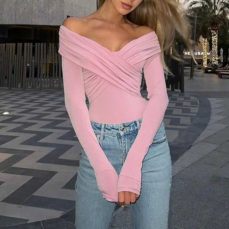 European and American trend slim fit sexy temperament fashionable V-neck jumpsuit patchwork off shoulder long sleeved bodysuit.