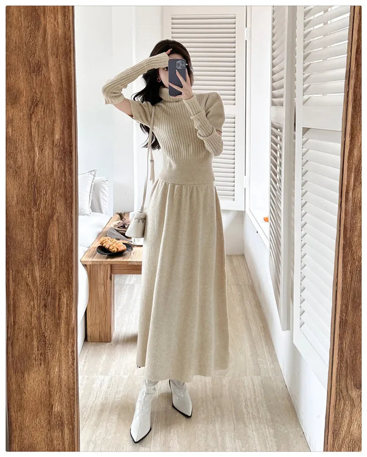 VigoAnne Spring Autumn 2025 Turtleneck Knit Woman 2 Piece Set Casual Solid High Waist Skirts Suits Korean Lady Long Dress Suit.